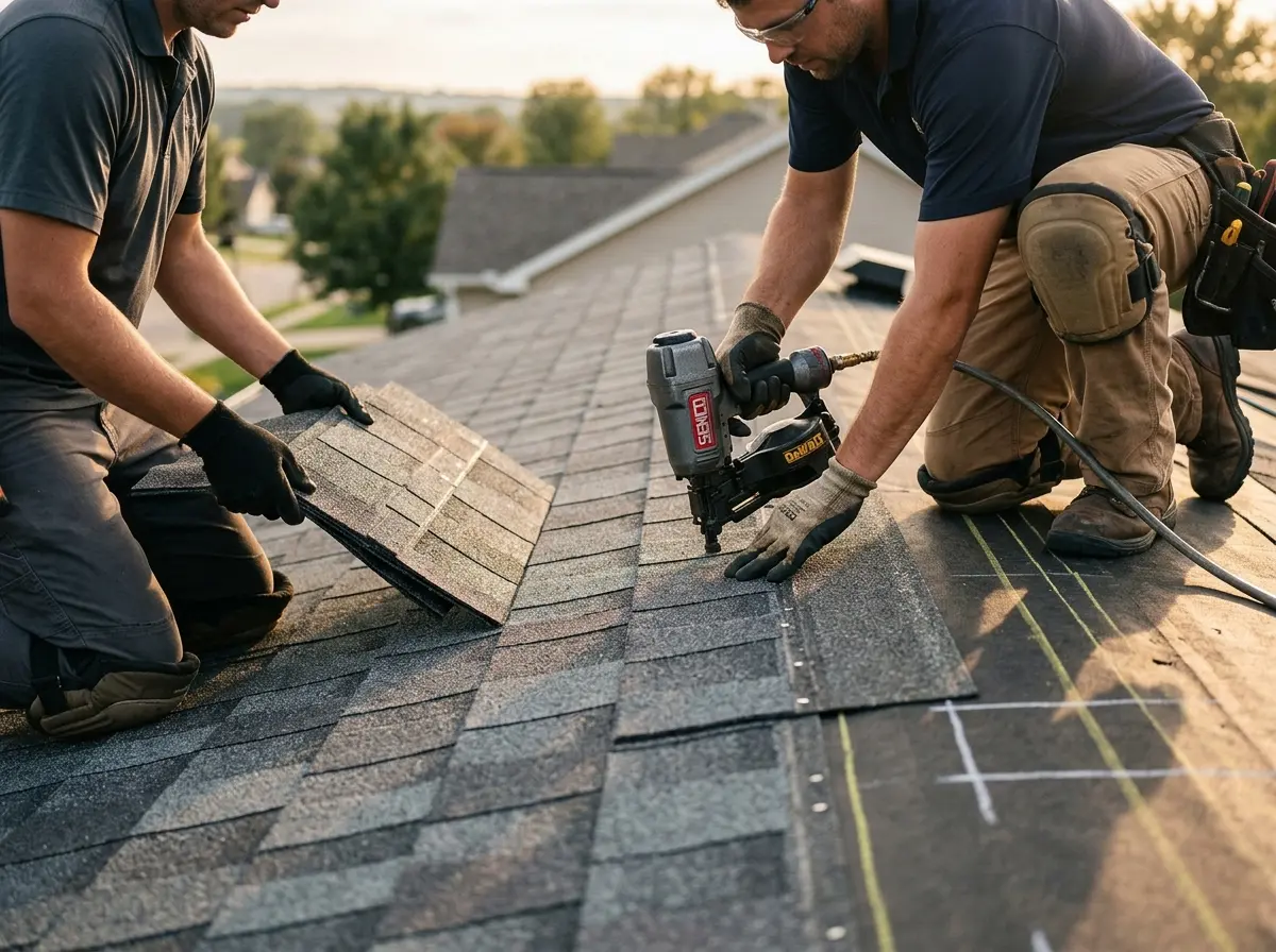 Professional roofer working on a residential roof in Douglass
